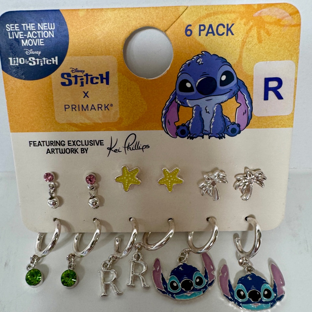 Nwt. Disney Primark Stitch 6 Pair Of Earrings In Pack New On Card.